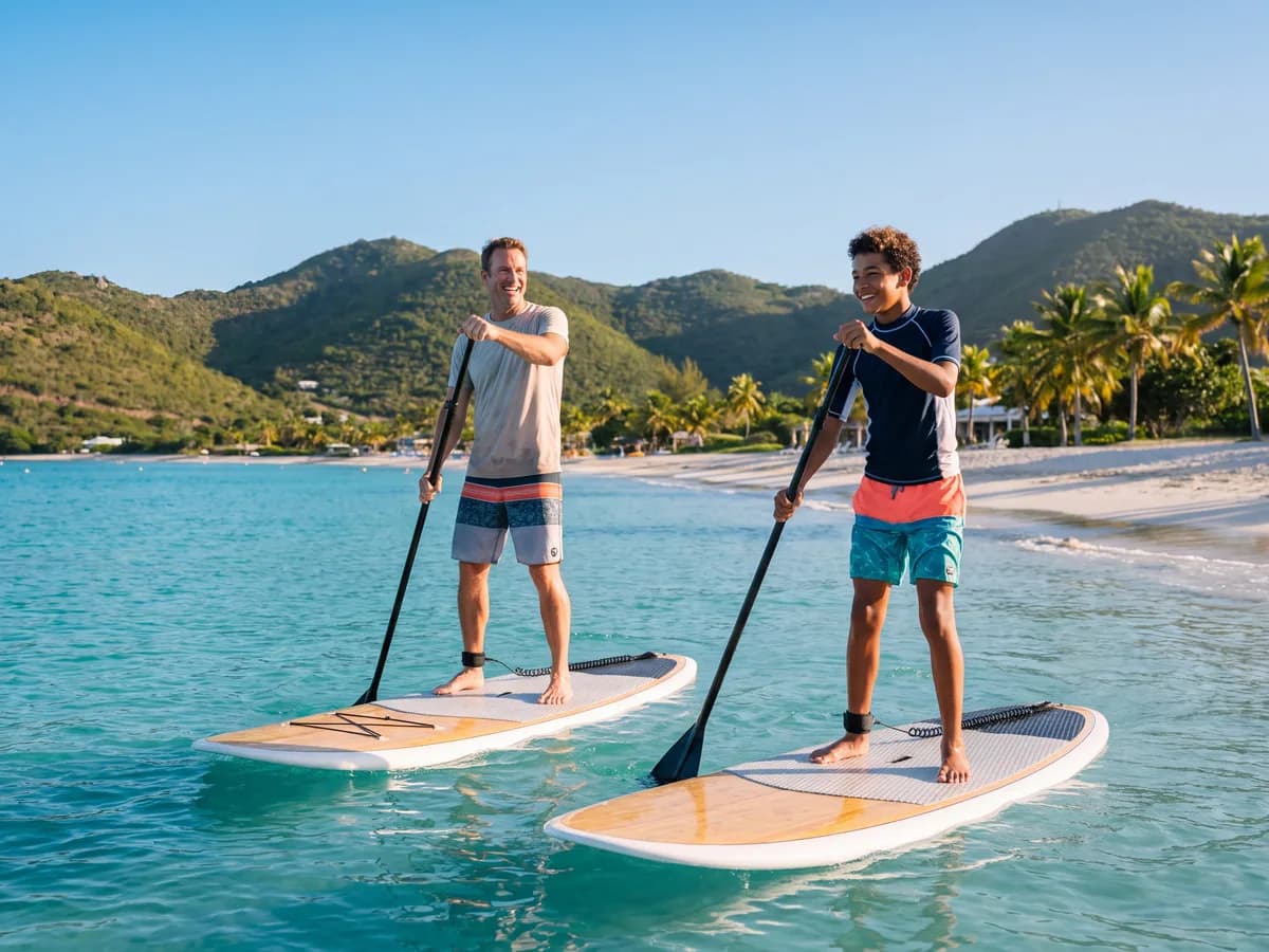 Deux personnes font du paddle dans le lagon